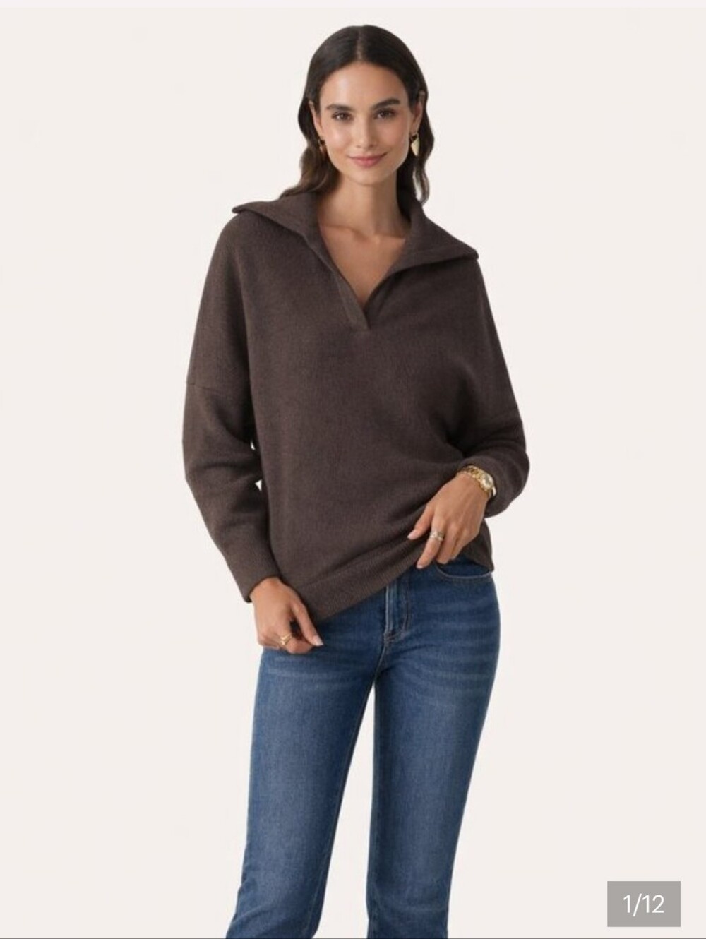 NWT OGL Cozy Collared V-Neck Batwing Sleeve Pullover Black Chocolate XL Soft
